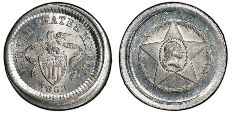 1863 Token F-105/199e GW-621 White Metal Washington -Eagle Ribbon Patriotic