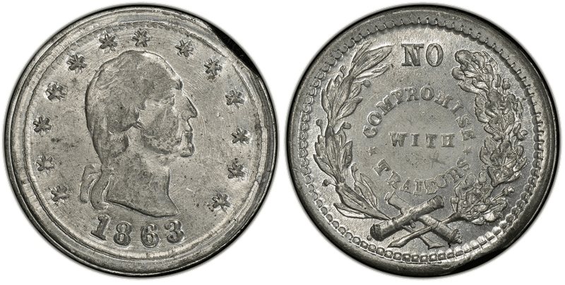 (1863) White Metal Civil War Patriotic Token F-107/432e, No Compromise With Traitors