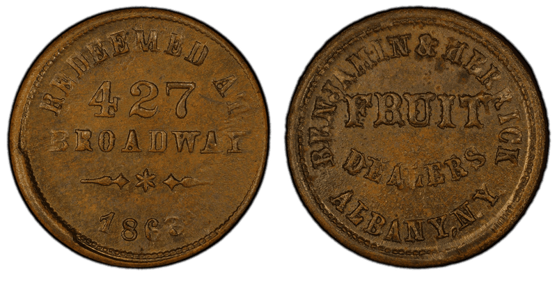 (1863) Brass Civil War Store Card F-10A-10b, Benjamin & Herrick NY