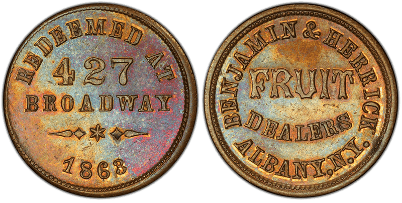 (1863) Copper Civil War Store Card F-10A-2a, Benjamin & Herrick NY