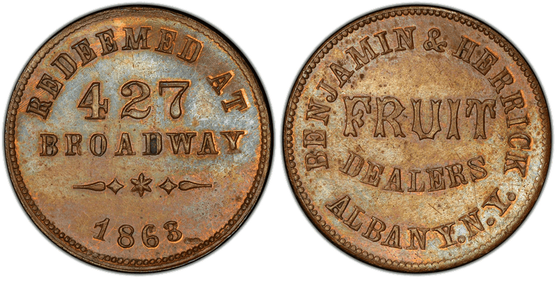 (1863) Copper Civil War Store Card F-10A-3a, Benjamin & Herrick NY