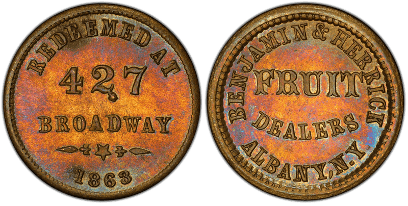 (1863) Brass Civil War Store Card F-10A-4B, Benjamin & Herrick NY