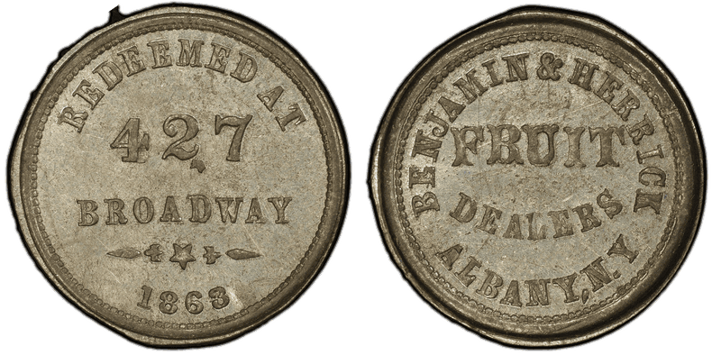 (1863) White Metal Civil War Store Card F-10A-4e, Benjamin & Herrick NY
