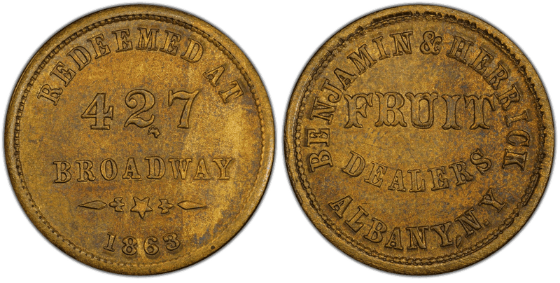(1863) Brass Civil War Store Card F-10A-6b, Benjamin & Herrick NY