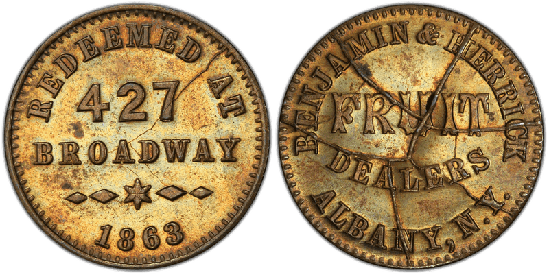 (1863) Brass Civil War Store Card F-10A-7b, Benjamin & Herrick NY
