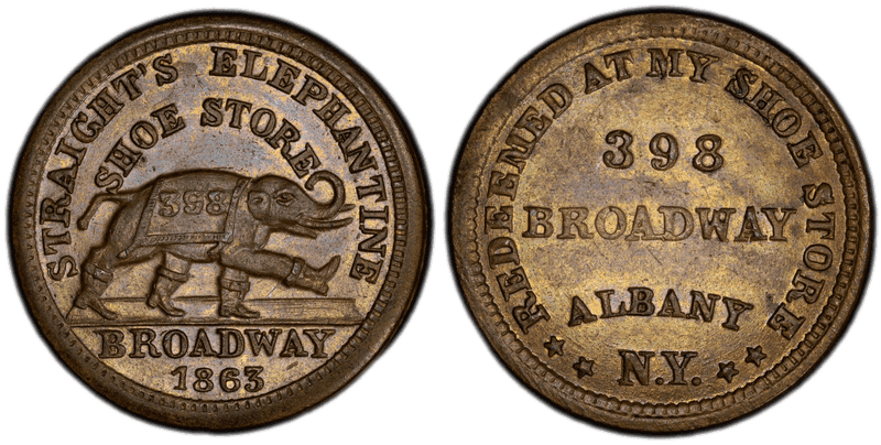 (1863) Copper Civil War Store Card F-10F-1a, Elephantine Shoe Store NY