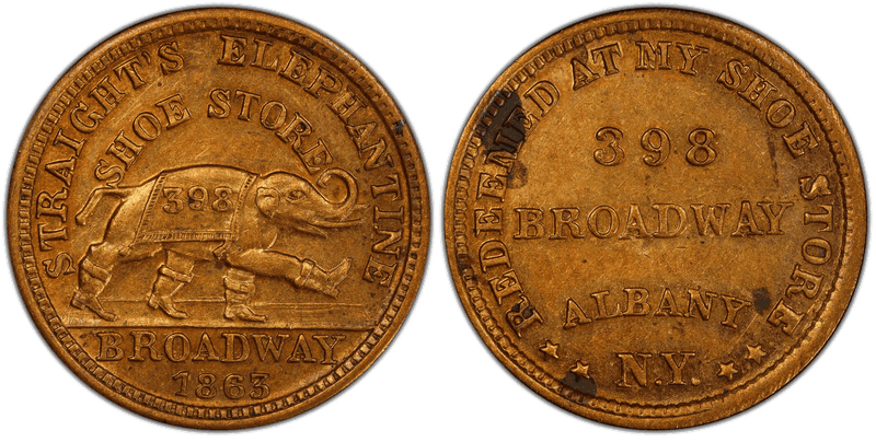 (1863) Brass Civil War Store Card F-10F-1b, Elephantine Shoe Store NY