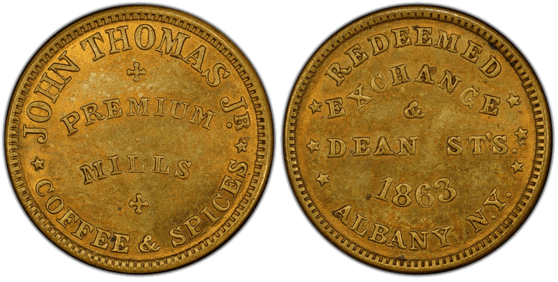 (1863) Brass Civil War Store Card F-10G-1b, John Thomas Jr. NY