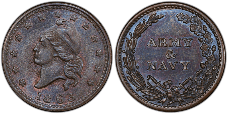 (1863) Copper Civil War Patriotic Token F-10/312a, Army & Navy