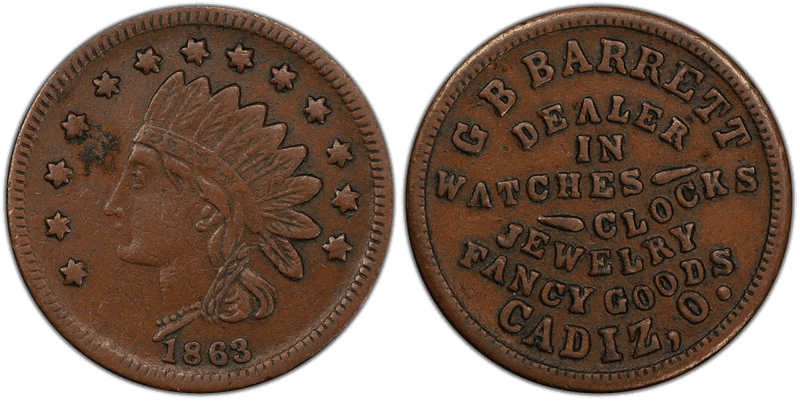 (1863) Copper Civil War Store Card F-110A-3a, G.B. Barrett OH