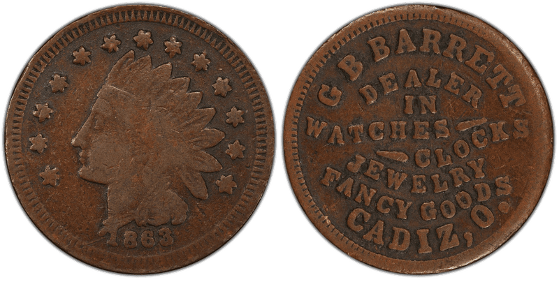(1863) Copper Civil War Store Card F-110A-4a, G.B. Barrett OH