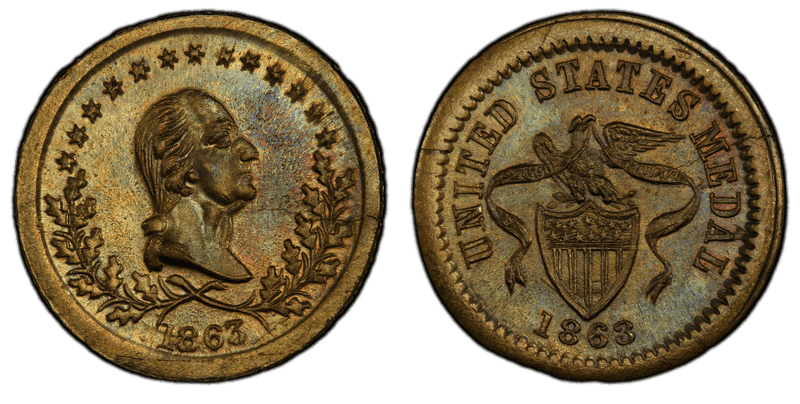 1863 Token F-119/199b GW-638 Brass Washington-Shield & Ribbon
