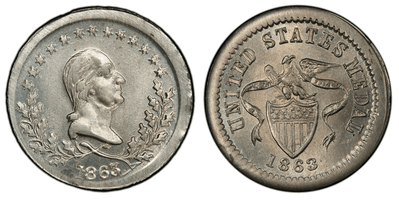 1863 Token F-119/199j GW-638 German Silver Washington-Shield & Ribbon