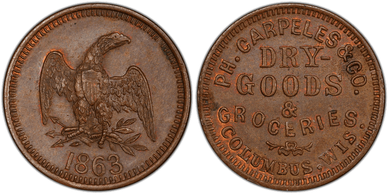 (1863) Copper Civil War Store Card F-120A-1a, PH. Carpeles & Co. WI