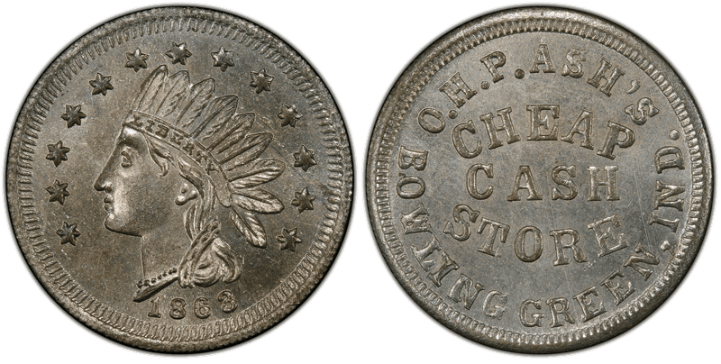 (1863) Zinc Civil War Store Card F-120A-3i, Re O.H.P. Ash's IN