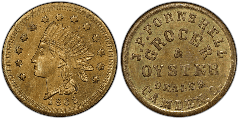(1863) Brass Civil War Store Card F-120B-2Bb, J.P. Fornshell OH