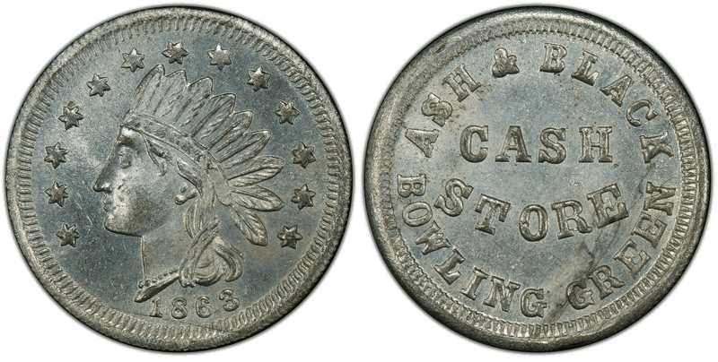 (1863) Zinc Civil War Store Card F-120B-2i, Ash & Black IN