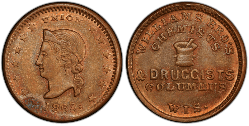 (1863) Copper Civil War Store Card F-120D-1a, Williams Bro's WI