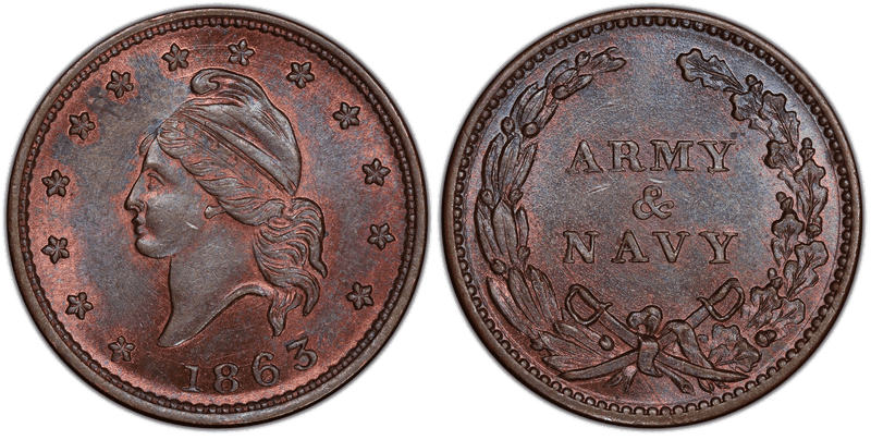 (1863) Copper Civil War Patriotic Token F-12/297a, Army & Navy