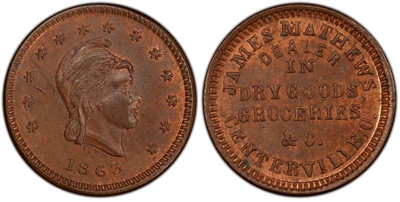 (1863) Copper Civil War Store Card F-135A-1a, James Mathews OH