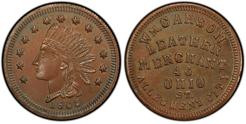 (1863) Copper Civil War Store Card F-13A-2a, Wm. Carson PA