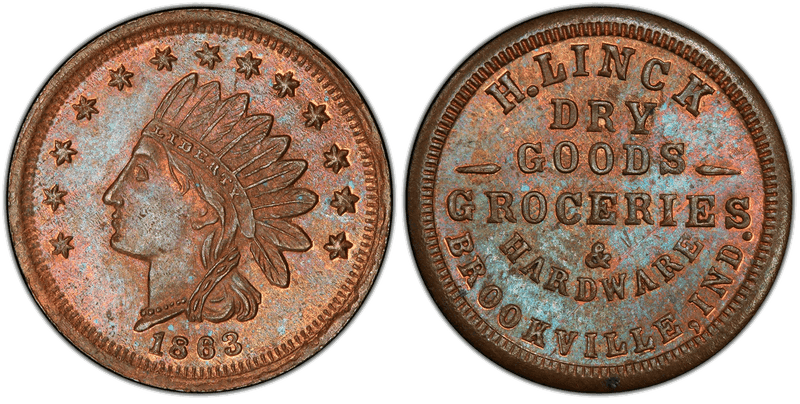 (1863) Copper Civil War Store Card F-140A-1a, H. Linck IN