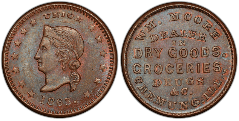 (1863) Copper Civil War Store Card F-140A-2a, Wm. Moore IL