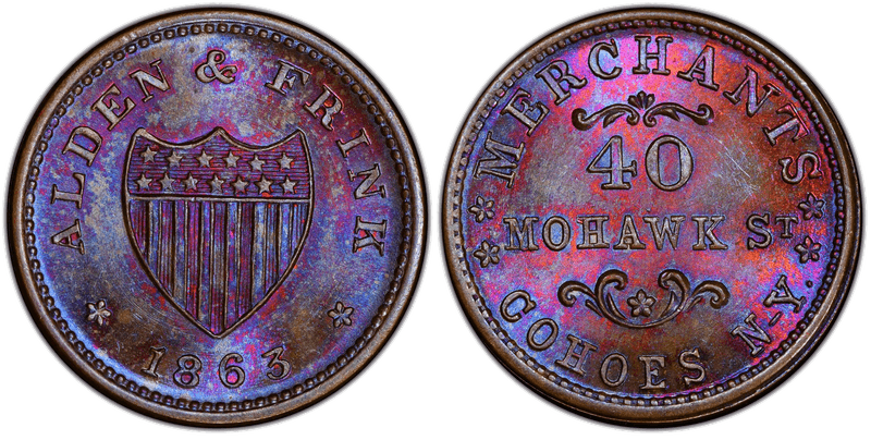 (1863) Bronze Civil War Store Card F-140A-2a, Alden & Frink NY