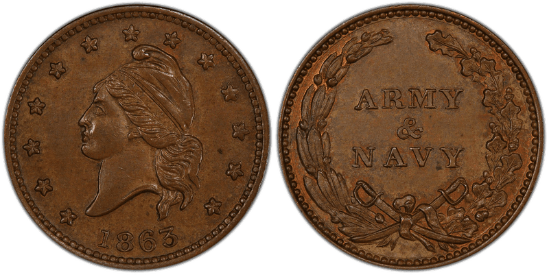 (1863) Copper Civil War Patriotic Token F-14/297a, Army & Navy