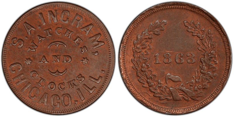 (1863) Copper Civil War Store Card F-150AG-3a, S.A. Ingram IL