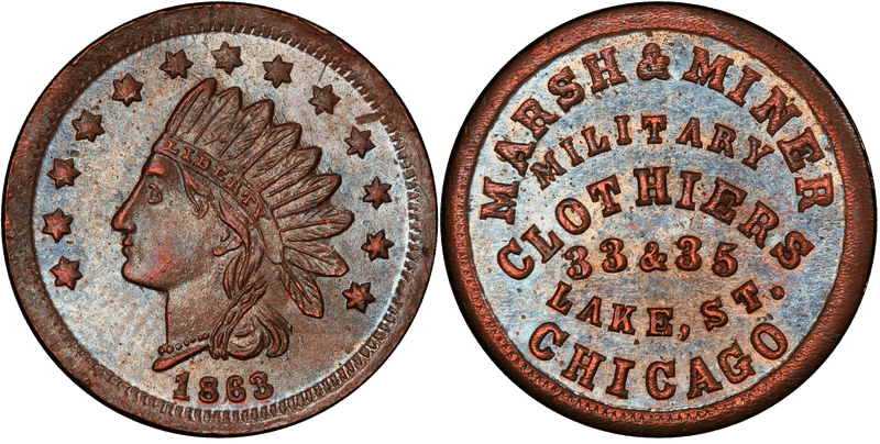 (1863) Copper Civil War Store Card F-150AK-2a, Marsh & Miner IL