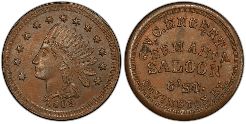 (1863) Copper Civil War Store Card F-150D-3a, V.C. Engert KY