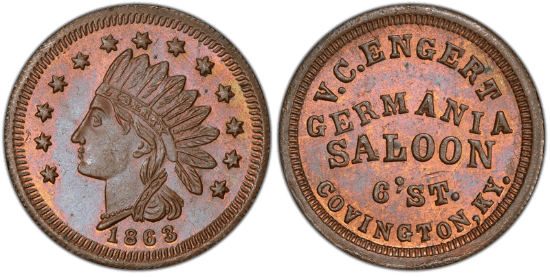 (1863) Copper Civil War Store Card F-150D-4a, V.C. Engert KY
