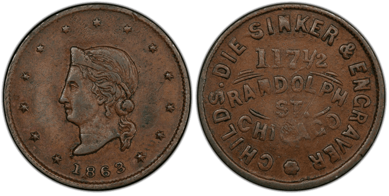 (1863) Copper Civil War Store Card F-150J-1a, Childs IL