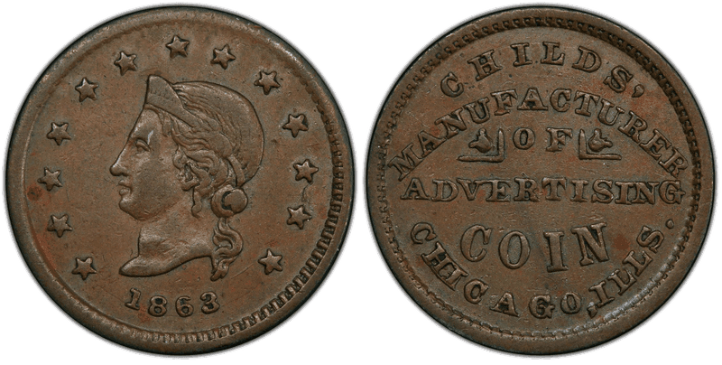 (1863) Copper Civil War Store Card F-150K-2a, Childs' IL