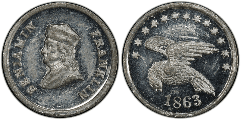(1863) White Metal Civil War Patriotic Token F-153/282e, Benjamin Franklin