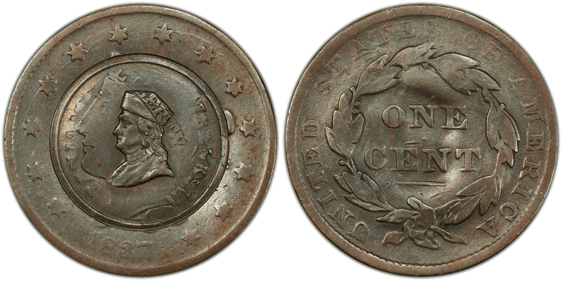 (1863) Civil War Store Card F-153a, Struck on 1837 1C Benjamin Franklin Patriotic Cent