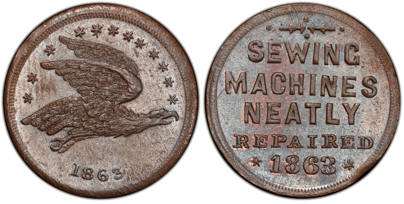 (1863) Copper Civil War Patriotic Token F-156/524a, Sewing Machines Neatly