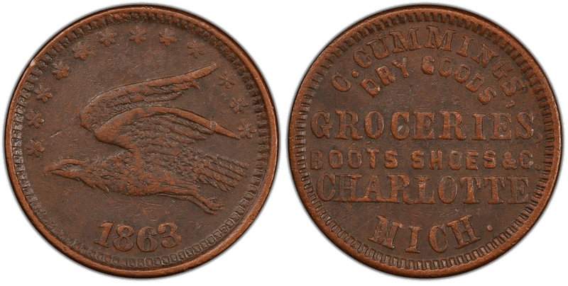 (1863) Copper Civil War Store Card F-160A-1a, C. Cummings MI
