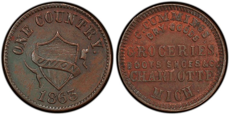 (1863) Copper Civil War Store Card F-160A-2a, C. Cummings MI