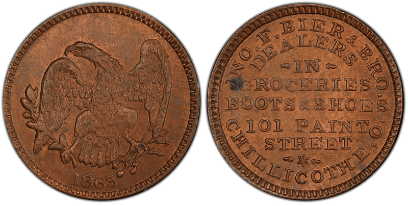 (1863) Copper Civil War Store Card F-160B-5a, Jno. F. Bier & Bro OH