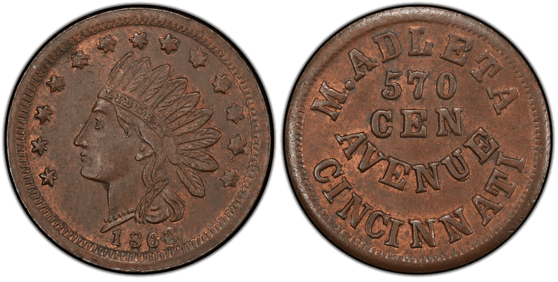 (1863) Copper Civil War Store Card F-165A-1a, M. Adleta OH