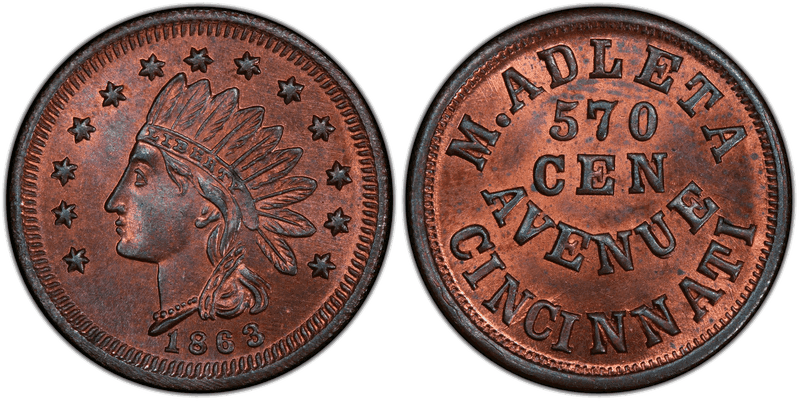(1863) Copper Civil War Store Card F-165A-6a, M. Adleta OH