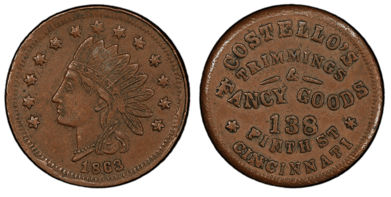 (1863) Copper Civil War Store Card F-165AE-11a, Costello's OH