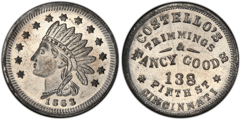(1863) Zinc Civil War Store Card F-165AE-12i, Costello's OH