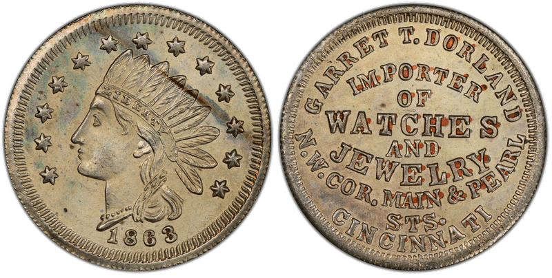 (1863) Zinc Civil War Store Card F-165AJ-4, Garret T. Dorland OH