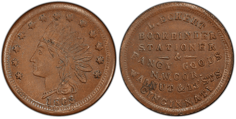 (1863) Copper Civil War Store Card F-165AL-4a, L. Eckert OH