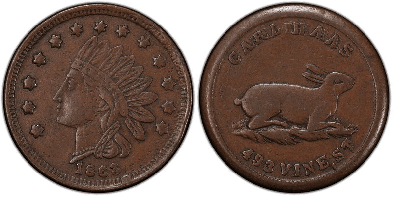 (1863) Copper Civil War Store Card F-165BJ-12a, Carl Haas OH