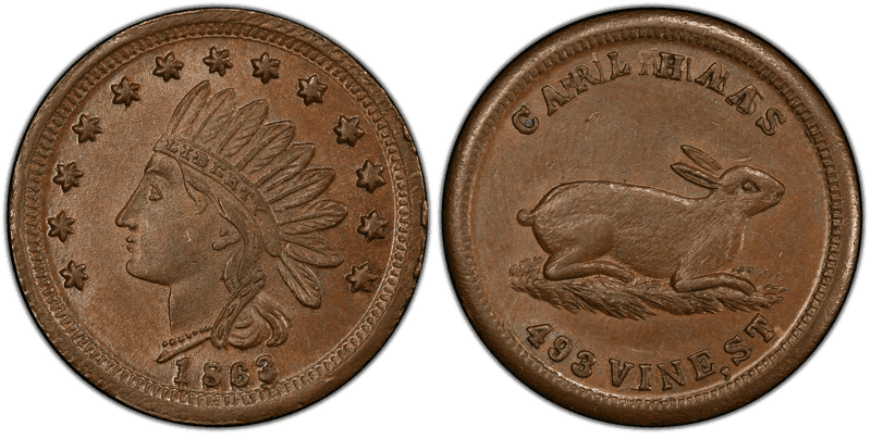 (1863) Copper Civil War Store Card F-165BJ-16a, Carl Haas OH