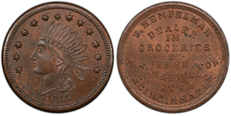 (1863) Copper Civil War Store Card F-165BT-3a, B. Hempelman OH